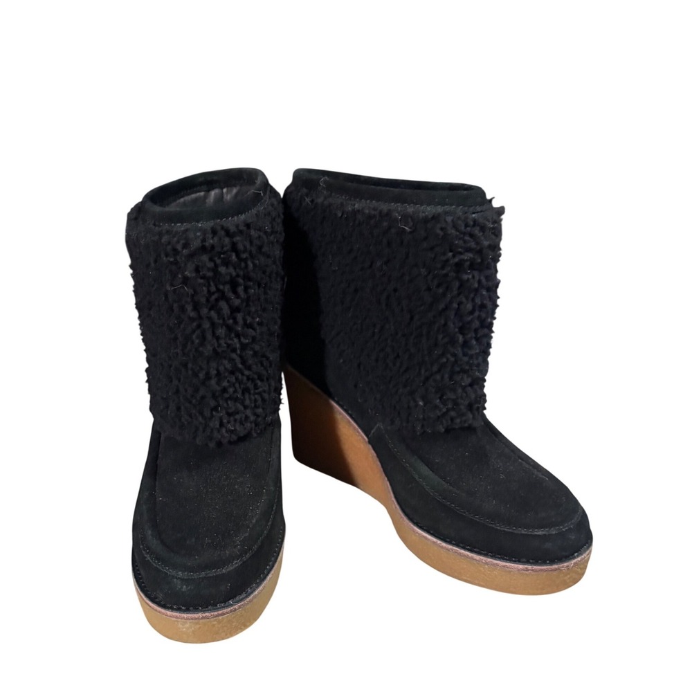 UGG Coldin Wedge Boots Womens 7.5 Black Suede Sheepskin 1018648 EUC